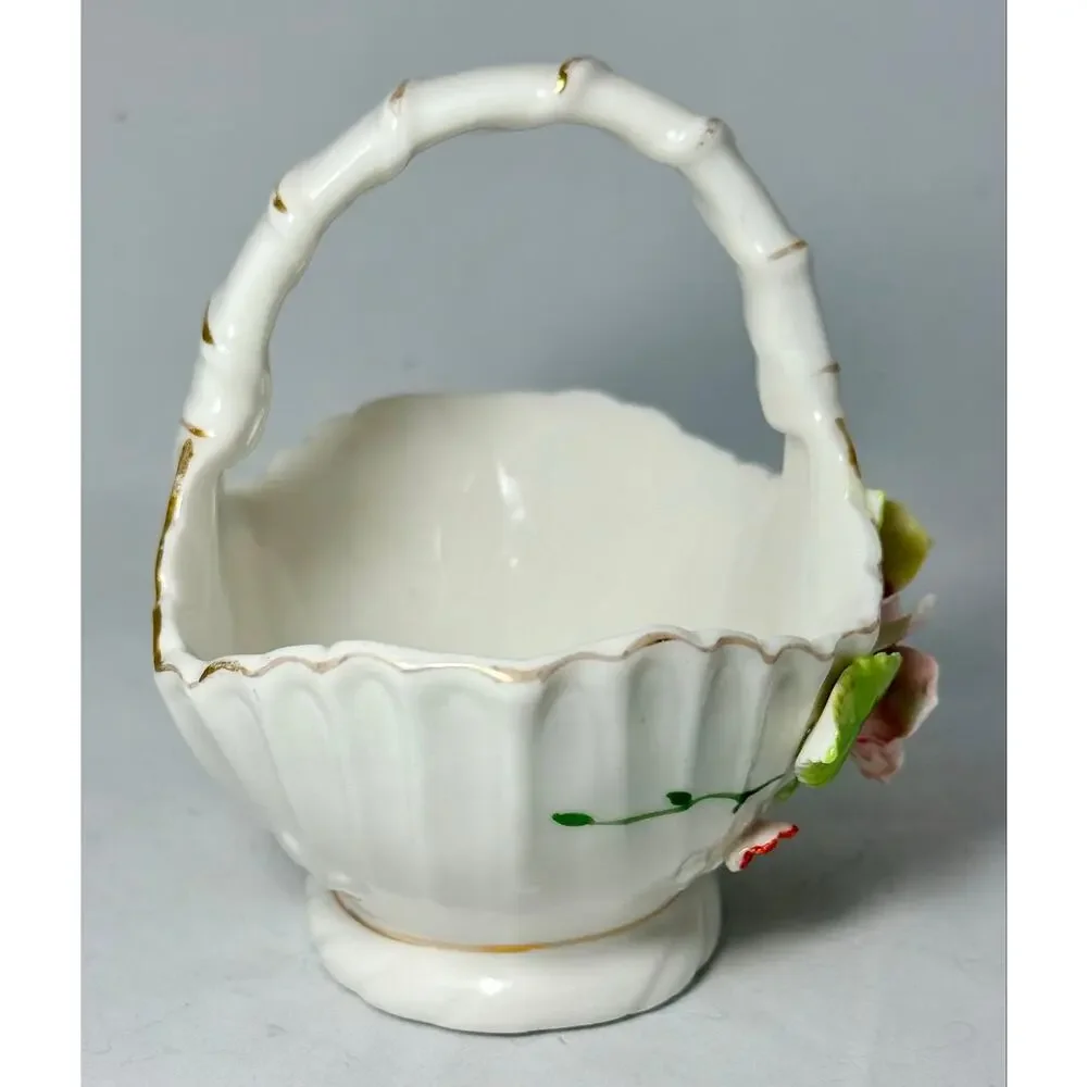 Vintage ARDCO Taiwan Porcelain Flower Basket Applied Roses Gold Trim 5 Inch